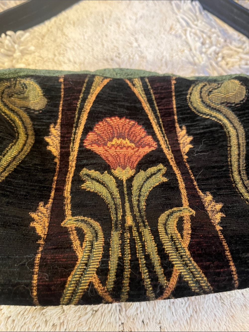 Embroidered Velvet Shoulder Bag — Black with Green and Rust Accents - Picture 2 of 10